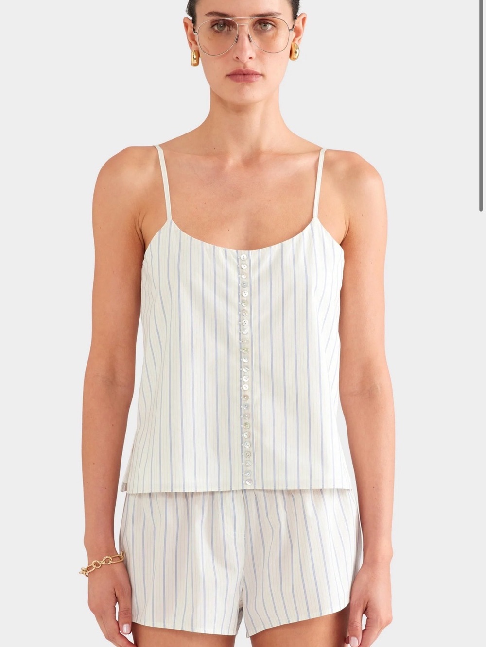 Venroy White Camisole with Light Blue Pinstripes and Front Buttons